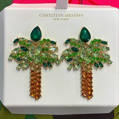 Brand New Christian Siriano Crystal Jeweled Tropical Palm Tree Drop Earrings. No Box. So Gorgeous! Perfect For Vacation! Chain Threader Earrings, Champagne Earrings, Rectangular Earrings, Glam Earrings, Cubic Zirconia Hoop Earrings, Gold Chandelier Earrings, Pearl Earrings Wedding, Multicolor Earrings, Prom Earrings