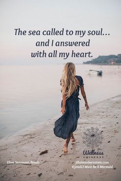 a woman walking on the beach with an ocean in the background and a quote written above it