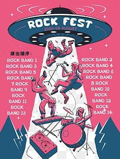 the rock fest poster is shown in pink and blue