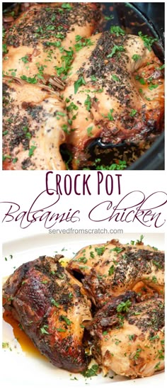 crock pot balsamic chicken with parsley on top and in the bottom