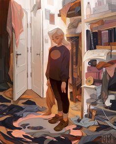 a painting of a person standing in a room with clothes on the floor and bookshelves