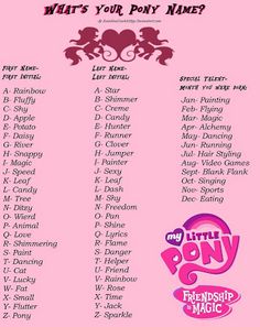 a pink poster with the words what's your pony name? and other names