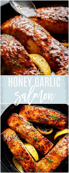 honey garlic salmon and potatoes in a skillet with text overlay that reads honey garlic salmon and potatoes