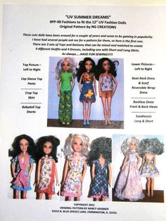 an advertisement for the summer dreams doll collection, with four dolls in different outfits and hair styles