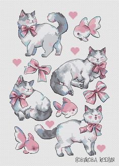 cross stitch pattern with cats and hearts in pink, grey and white colors on a white background