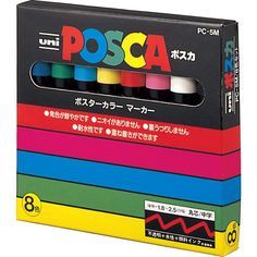 a box of posca markers with different colors in each row and the words posca written on it