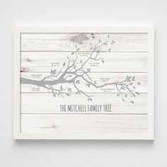 the mitchell family tree is mounted on a white wooden paneled wall, with an image of a bird perched on a branch