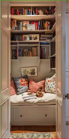 an open bookcase with books and pillows in it