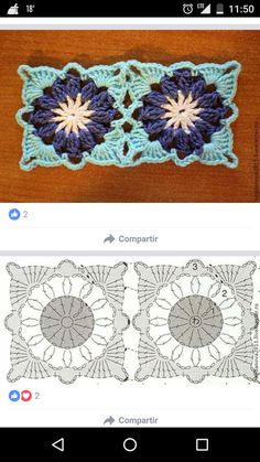 two crocheted squares with flowers on them, one is blue and the other is gray