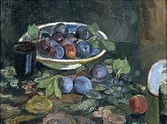 a painting of blueberries in a white bowl on a table next to other fruits and vegetables