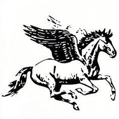 a black and white drawing of a horse with wings