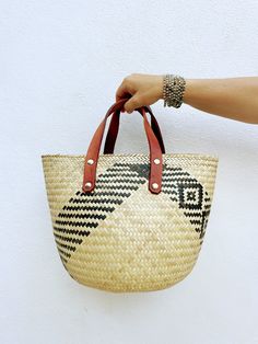 a hand holding a straw bag with leather straps on it, against a white wall