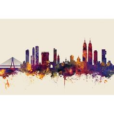 a city skyline is shown with watercolor paint