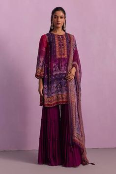 Purple ombre kurta with printed mughal floral motifs, embellished by beads, sequins and front tie. Comes with tiered sharara and dupatta. - Aza Fashions Purple Sharara, Indian Western Dress, Mens Indian Wear, Kurta Sharara Set, Kurta Sharara, Traditional Indian Outfits, Sharara Set, Indian Clothing, Kaftan Dress