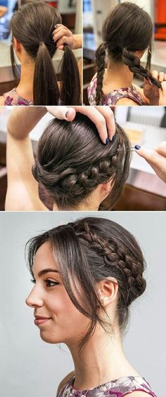 dame mit bunte bluse mit blumen und gretchen frisur Milkmaid Braid, Peinados Fáciles Para Cabello Corto, Hair Wedding, Penteado Cabelo Curto, Easy Braids, Braided Updo, Wedding Crown, Super Ideas, Hair Dos