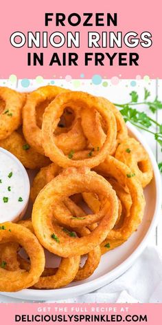 You're less than 10 minutes away from this easy appetizer for a party! Your Father's Day dinner menu must have these air fried onion rings. Crispy and delicious, this air fryer recipe for frozen onion rings is the BEST! Onion Rings In Air Fryer, Air Fried Onion Rings, Onion Rings Air Fryer, Football Food Ideas, Air Fryer Recipes Chicken Thighs, Fried Onion Rings, Homemade Onion Rings