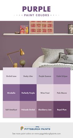 the purple paint colors in this bedroom are all different shades and they appear to be very colorful