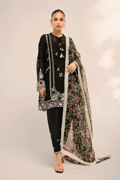 Eid Floral Georgette Salwar Kameez, Eid Floral Print Georgette Salwar Kameez, Floral Georgette Salwar Kameez For Eid, Silk Lawn Suit With Floral Print For Eid, Elegant Floral Embroidered Salwar Kameez For Traditional Ceremonies, Black Chanderi Dress With Dabka Details, Organza Salwar Kameez With Floral Embroidery, Salwar Kameez With Floral Embroidery And Traditional Drape, Elegant Dupatta With Floral Embroidery For Traditional Ceremonies