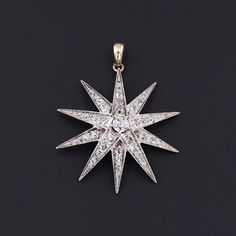 Small lights in the darkness, stars are powerful symbols of guidance, hope, and finding one's way home. This glistening diamond star was originally a brooch (circa 1910-1920). The pendant is silver topped 12k gold and adorned with approximately 1.30 carats of glistening diamonds and it has a new 14k gold bail.  The pendant measures 1.5 inches from the top of the bail to the bottom of the piece by 1.2 inches wide.  It is in great condition. We have many other fantastic offerings of fine jewelry p Luxury Starburst Jewelry For Anniversary, Elegant Star-shaped 17 Jewels Jewelry, Star-shaped Hallmarked Formal Jewelry, Formal Starburst Diamond Jewelry, Luxury Star Shaped Brilliant Cut Jewelry, Luxury Brilliant Cut Star Shaped Jewelry, Luxury Star-shaped Brilliant Cut Jewelry, Gold Star-shaped Diamond Necklace, Luxury Star-shaped Diamond Necklace