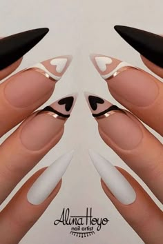 Black And White Nails, Pointy Nails, Chic Nails, Best Acrylic Nails, Valentine's Day Nails, Valentines Nails, Long Acrylic Nails, Cute Acrylic Nails