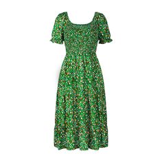 Green Square Neck Smocked Split Floral Dress Casual Smocked Dress With Square Neck, Casual Smocked Dress With Square Neck And Smocked Back, Casual Fitted Midi Dress With Smocked Cuffs, Green Bohemian Midi Dress With Smocked Bodice, Casual Smocked Square Neck Dress, Casual Smock Dress With Square Neck, Green Smocked Dress With Short Sleeves, Green Smocked Midi Dress For Summer, Green Midi Dress With Smocked Cuffs