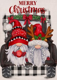 a christmas card with two gnomes sitting in a buggy wearing hats and scarfs