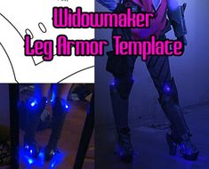 there is a woman with blue lights on her legs and leg armor in the background