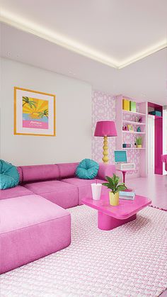 a living room with pink and blue furniture