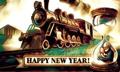 an image of a happy new year card with a steam engine and santa clause on it