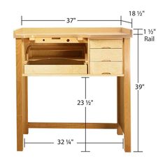 a wooden desk with drawers and measurements