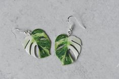 a pair of green and white leaf earrings on a gray surface with silver earwires