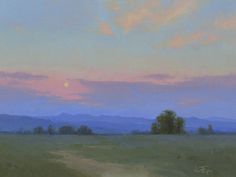 an oil painting of a field with trees and mountains in the background at sunset or dawn