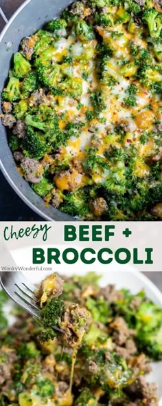 broccoli and beef casserole is being served in a skillet with a fork