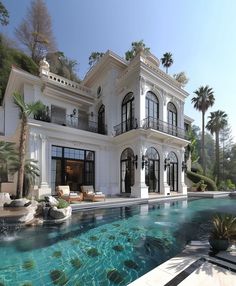 a large white house with a pool in the front yard and palm trees around it