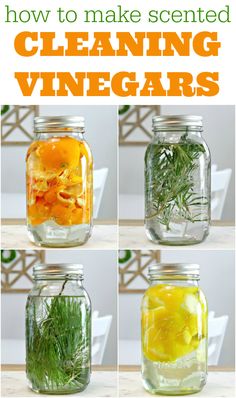 how to make scented cleaning vinegars in mason jars with herbs and lemons on top