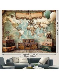 an old world map with suitcases and balloons