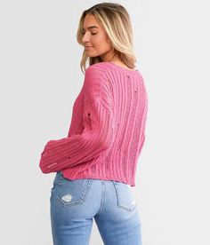 Willow & Root Destructed Boxy Cropped Sweater - Pink Small, Women's Fuchsiapurple Open weave v-neck sweater Bust measures 44 3/4 on size small Body length 18 1/2 on size small. Layering piece(s) and/or accessories sold separately.. 60% Polyester 40% Acrylic. Hand wash cold water. Do not bleach. Dry flat. Do not iron. Dry clean.. Measurements: Bust -Fullest part of bust with arms at sides. Waist -Circumference of natural waist: above belly button below rib cage. Hips -Standing with feet together Casual V-neck Textured Cropped Sweater, Pink Textured Knit Cropped Crew Neck Sweater, Trendy Stretch Cropped V-neck Sweater, Pink Soft Knit V-neck Sweater, Pink Textured Knit V-neck Sweater, Open Weave, Rib Cage, Pink Sweater, Layering Pieces