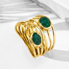 Ross-Simons - 1.40 ct. t. w. Emerald Highway Ring in 18kt Gold Over Sterling. Size 6. Polish off your ensembles with this ultra-chic statement! Crafted in polished 18kt yellow gold over sterling silver, this organic highway ring is adorned with 1.40 ct. t. w. teardrop-shaped emeralds. 5/8" wide. Emerald highway ring. Emerald birthstones are the perfect gift for May birthdays. Yellow Gold Multi-stone Emerald Ring, Yellow Gold Multi-stone Emerald Ring For Gift, Antique Gold Multi-stone Emerald Ring, Handmade Emerald Ring In Yellow Gold, Fine Jewelry Style, 14k Gold Multi-stone Emerald Ring Gift, Emerald Birthstone, Wire Wrapped Rings, Precious Gemstones, Metal Stamping