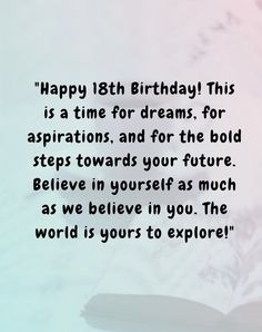 an open book with the words happy 18th birthday this is a time for dreams for affirms, and for the bold steps towards your future believe in yourself as much as we