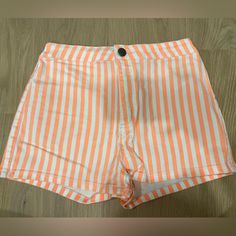 New - White And Neon Orange Stripped Shorts Zipper And Button Front Closure 98% Cotton 2% Spandex Trendy Striped Shorts With Built-in Shorts, Striped High Waisted Summer Shorts, Striped High Waist Shorts For Summer, High Waisted Striped Shorts For Summer, White Vertical Striped Shorts, White Vertical Stripes Shorts, High Waist Striped Shorts For Summer, White Bottoms With Vertical Stripes And Short Length, White Short Length Bottoms With Vertical Stripes