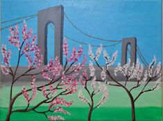 a painting of the brooklyn bridge and cherry blossoms