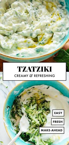 two bowls filled with creamy and refreshing vegetables, one has broccoli in it