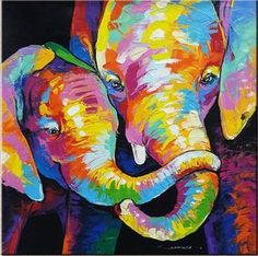 an elephant painted in bright colors with its trunk touching the face of another elephant's head