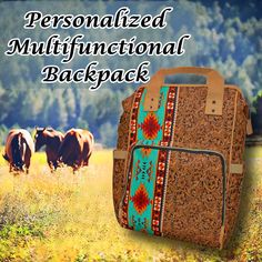 "This Western Themed Backpack features a vibrant saddle blanket & tooled leather detailed design which is digitally printed directly to the item.   This bag can be PERSONALIZED with your name, initials, monogram, Business Logo or Your Ranch Brand - You can also order it without the personalization option if your prefer. STYLISH while still offering STRONG, STURDY construction this multipurpose backpack can be used in MANY WAYS - use it as a daily use backpack, stow-away travel carry-on bag, diaper bag and more! DEEP pockets, wide carry HANDLES - rather than a \"loop\" at the top as is common with most backpacks - These same handles also Slide Right Over the Telescoping Pull Handle of the Suitcases, Plus an insulated front pocket that will hold a freezer pack and 3 cans, or bottles. The sup Multicolor Hand Tooled Travel Bags, Western Backpack, Freezer Packs, Rodeo Events, Monogram Business, Rodeo Horses, Western Babies, Fisherman Gifts, Saddle Blanket