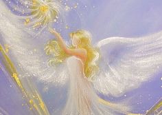 a painting of a white angel holding a star in her right hand and looking up at the sky