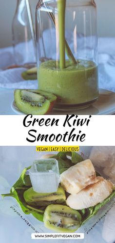 green kiwi smoothie in a glass with sliced bananas and cucumbers