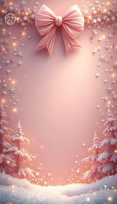 a pink christmas background with snow and bows