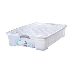 a white plastic storage box with lid and handles on the bottom, sitting against a white background