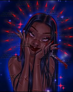 an animated image of a woman with long black hair and red stars around her face