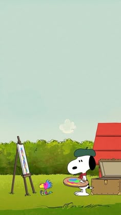 a cartoon dog holding a frisbee in front of an easel and painting